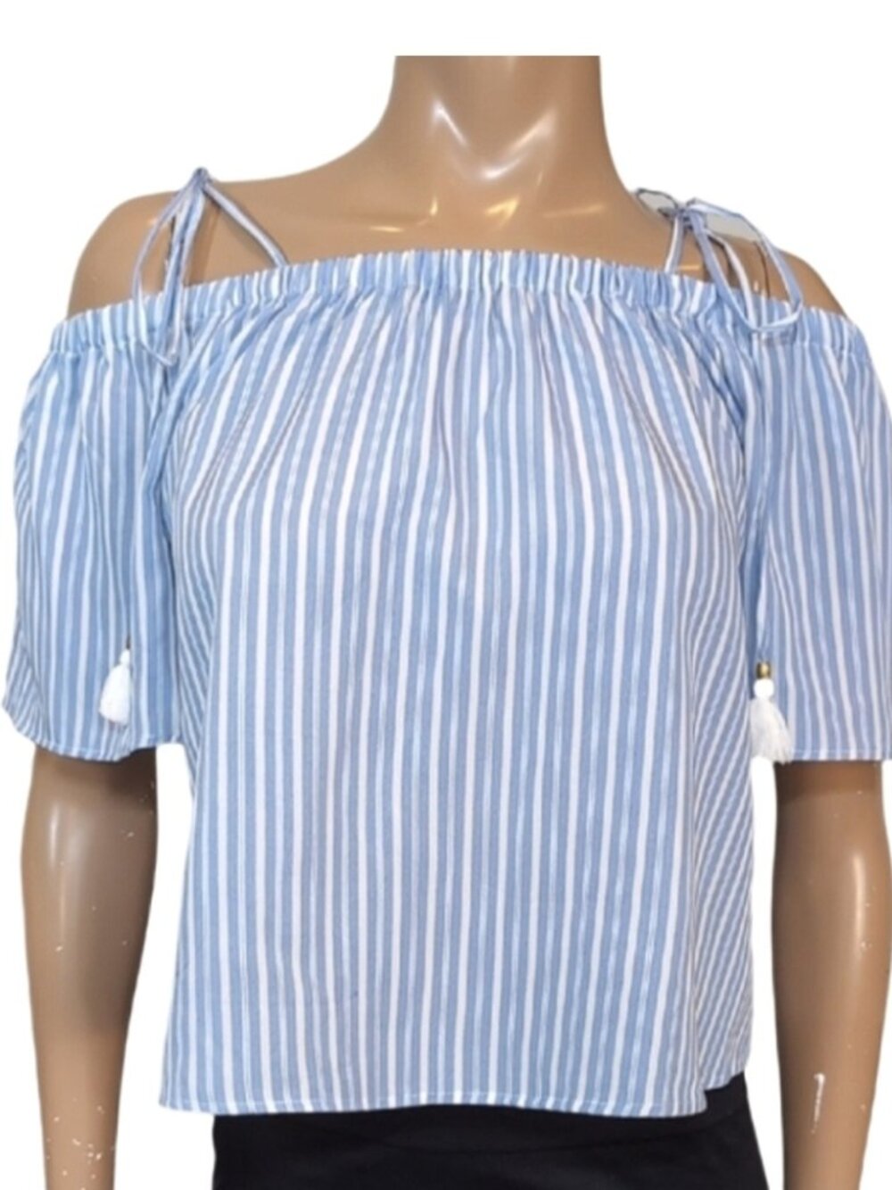 Tally Weijl Striped Off Shoulder Top Womens Size Large Blue White Tassel Tie
